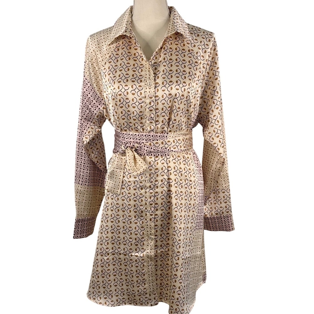 S'Edge Geometric Print Button Front Shirt Dress Satin Neutral Pink‎ Large NWT